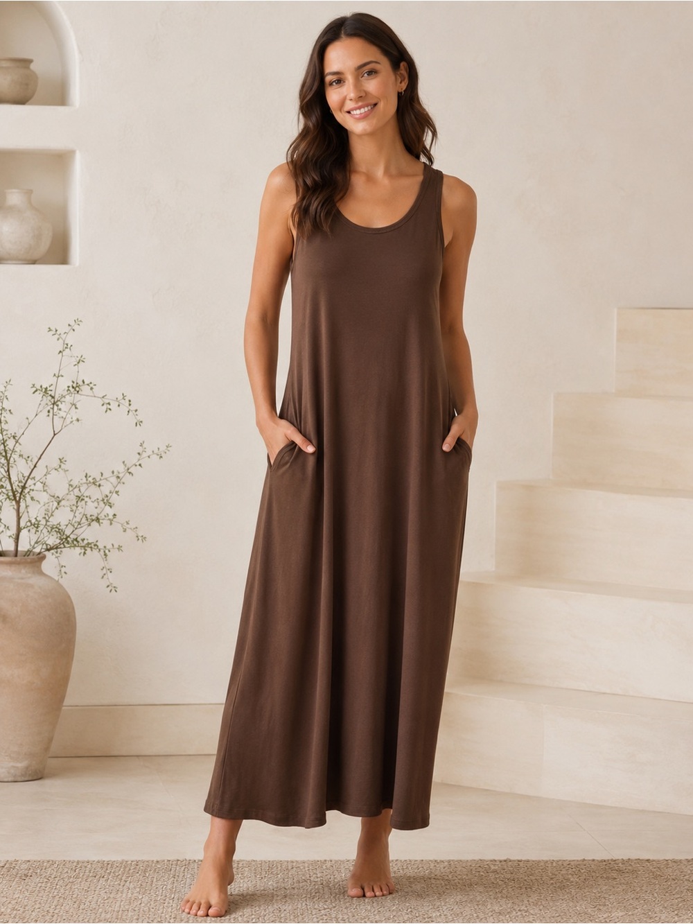 Soft Surroundings Santiago Pima Cotton Modal Sleeveless Maxi Dress Brown Small P